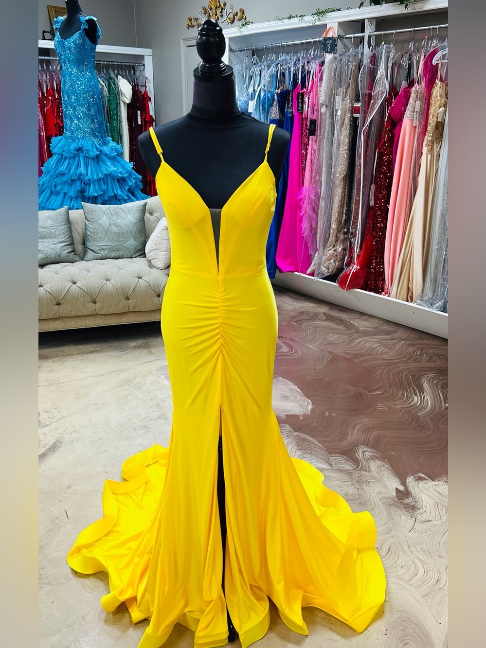 Bright Yellow Spaghetti-Strap Prom Gown with Front Slit